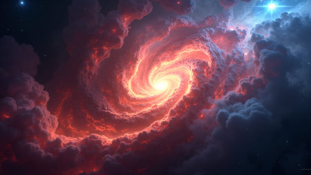 Colorful cosmic nebula with swirling reds oranges and a distant blue supernova in a starlit skyの素材
