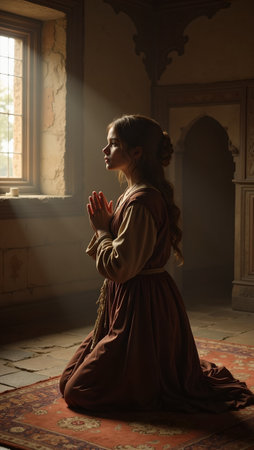 Woman praying in temple light from window old style settingの素材
