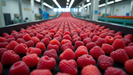Fresh ripe raspberries on conveyor belt in modern facilityの素材