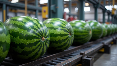Fresh watermelons on conveyor belt in industrial factory vibrant colors and texturesの素材