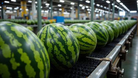 Fresh watermelons on conveyor belt in industrial factory vibrant colors and texturesの素材