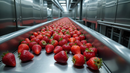 Fresh red strawberries on conveyor belt in processing facilityの素材