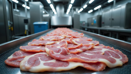 Fresh prosciutto slices on conveyor belt in modern meat plant with industrial lightingの素材
