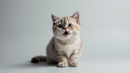 Adorable Scottish Fold cat with folded ears looking surprised on light gray backgroundの素材