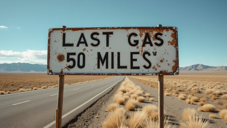 Vintage gas station sign on empty plains road to horizonの素材