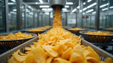 Robotic arms packing golden chips in a bright clean factory with large industrial basketsの素材