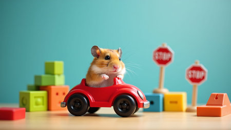 Adorable hamster driving toy car with block sceneryの素材