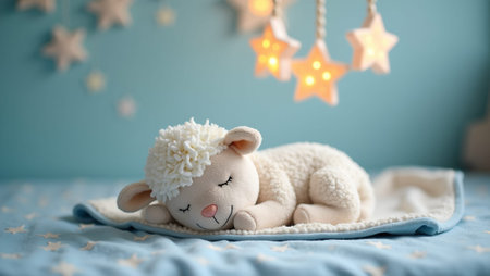 Adorable plush lamb on star blanket in nursery with glowing star mobileの素材