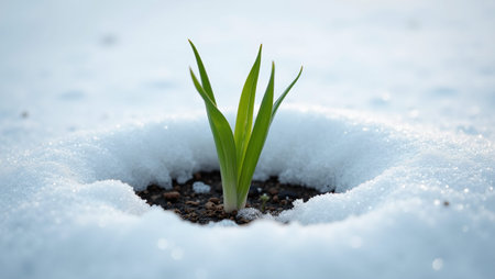 Hopeful single blade of grass breaking through melting snowの素材