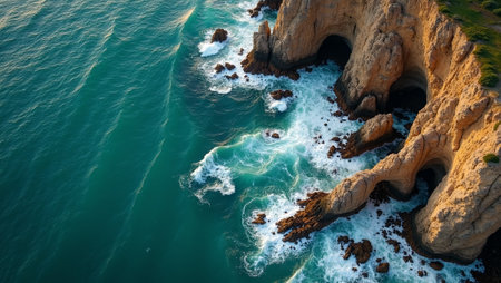 Aerial view of dramatic coastline with cliffs ocean waves and tide poolsの素材