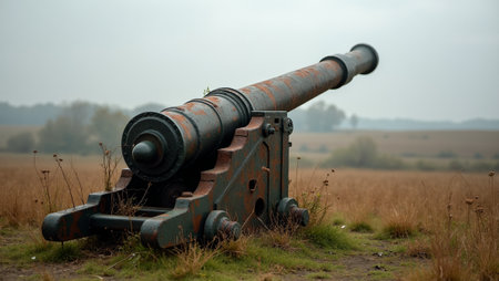 Rusty artillery cannon overgrown with vines in deserted fieldの素材
