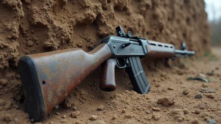 Vintage rifle in trench worn and weatheredの素材