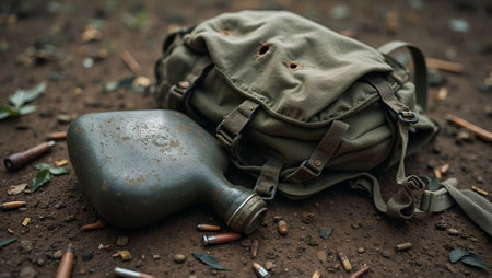 Abandoned canteen and torn military backpack with bullet holesの素材