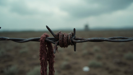 Grim battlefield scene with bloody rags on barbed wireの素材
