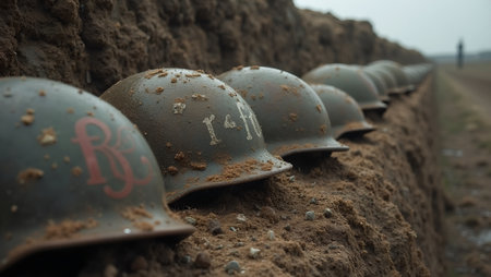 Discarded battle worn helmets in a row marked by mud and rustの素材