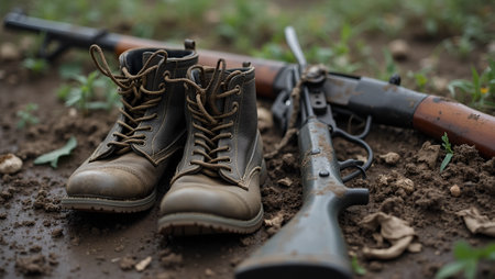 Worn soldiers boots half buried in mud next to abandoned rifleの素材