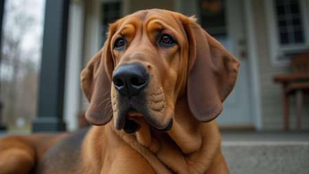Stoic Bloodhound on porch exuding wisdom with droopy ears and wrinkled faceの素材