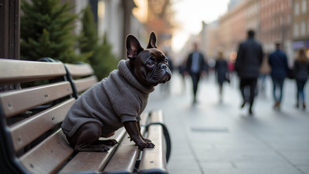 Adorable French Bulldog in sweater on city bench watching peopleの素材