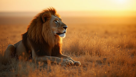 Regal lion with golden mane reclining in savannah at sunsetの素材