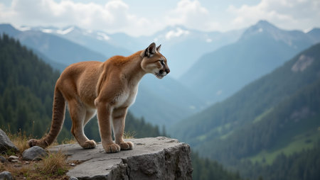 Majestic cougar overlooks valley from mountain ledgeの素材