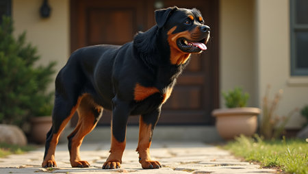 Majestic Rottweiler guarding front by sunlight gleaming on shiny black coatの素材