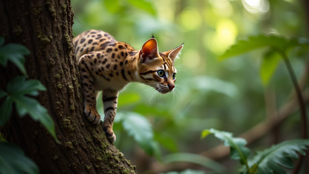 Curious ocelot climbing tree in jungle bright eyes scanning below spotted coat blending in sunlightの素材