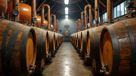 Vintage wooden barrels being filled at distillery with pipes and gaugesの素材