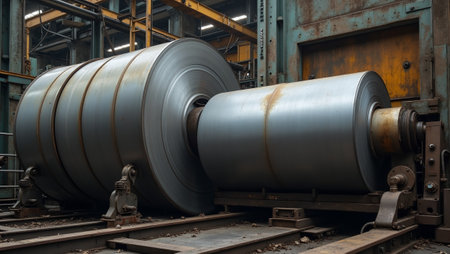 Industrial steel processing plant with massive coils fed into rolling machine by robotic armsの素材