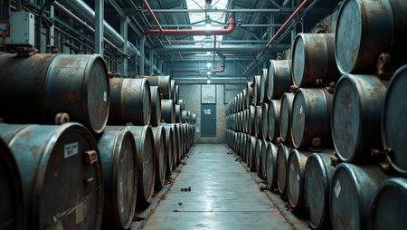 Industrial oil refinery storage with metal barrels pipelines and control panelsの素材