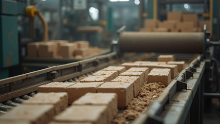 Industrial conveyor belt with newly molded bricks in manufacturing plantの素材