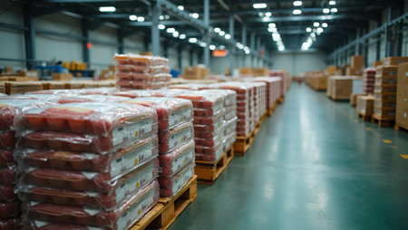Neatly stacked pallets of packaged food products in warehouse for deliveryの素材