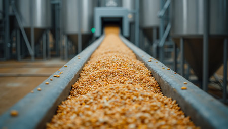 Agricultural plant with conveyor belts and silos storing grainsの素材