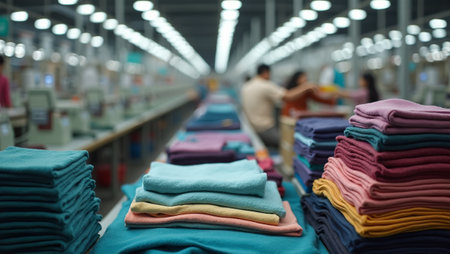 Busy clothing factory with neatly folded textiles sewing machines and workers cutting fabricの素材