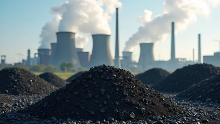 Industrial coal piles with smoking stacks in backgroundの素材