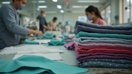 Busy clothing factory with neatly folded textiles sewing machines and workers cutting fabricの素材