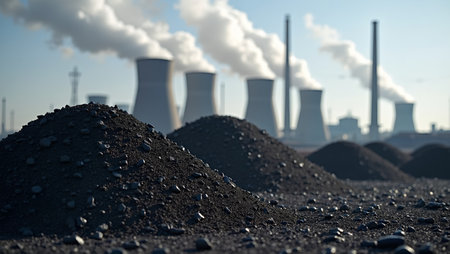 Industrial coal piles with smoking stacks in backgroundの素材