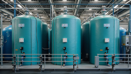 Industrial water treatment plant with tanks, pipes, valves and control panelsの素材