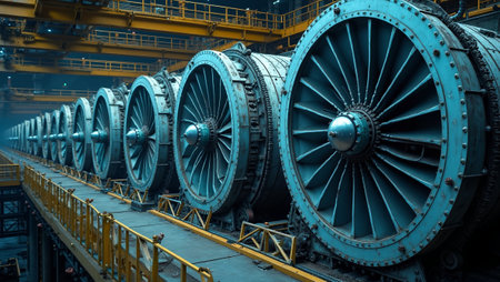 Glowing industrial turbines in power plant at nightの素材