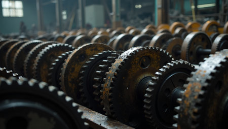 Industrial metal gears turning in dimly lit factory with oil and greaseの素材