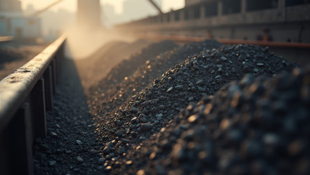 Industrial conveyor belt transporting coal with swirling dust in processing plantの素材
