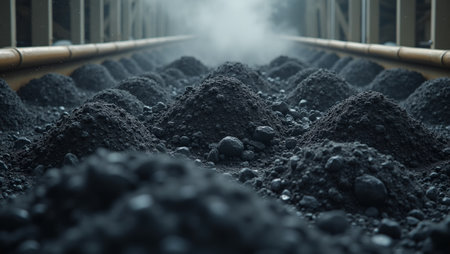 Industrial conveyor belt transporting coal with swirling dust in processing plantの素材
