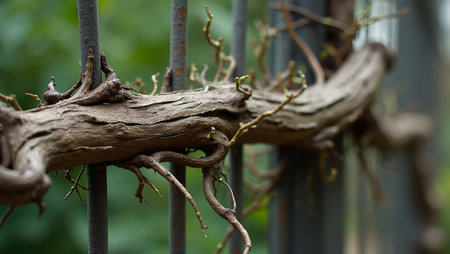 Organic vine intertwined with metal fence roots clingingの素材