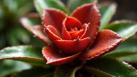 Vibrant red and green bromeliad plant with waxy leaves forming a natural bowlの素材
