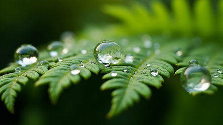 Vibrant green fern leaf with round dewdrops reflecting plantsの素材