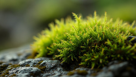 Close up of vibrant green moss on rock detailed frondsの素材