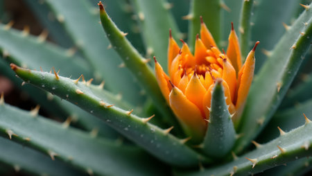 Vibrant aloe vera plant with orange tubular blossoms and spiny leaves covered in dustの素材