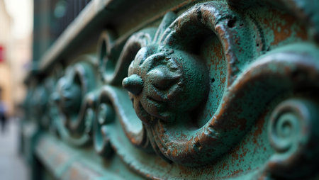 Close up of intricate vintage metalwork with green patina on historic buildingの素材