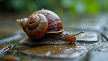 Macro shot of a snail on wet stone path with glistening shell and raindropsの素材