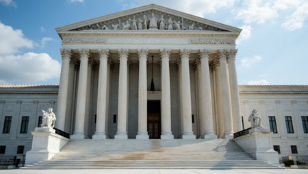 Stately government building with flag columns and grand doorsの素材