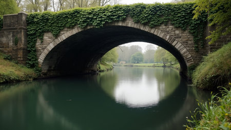 Serene old stone bridge over reflective river with ivy covered sidesの素材
